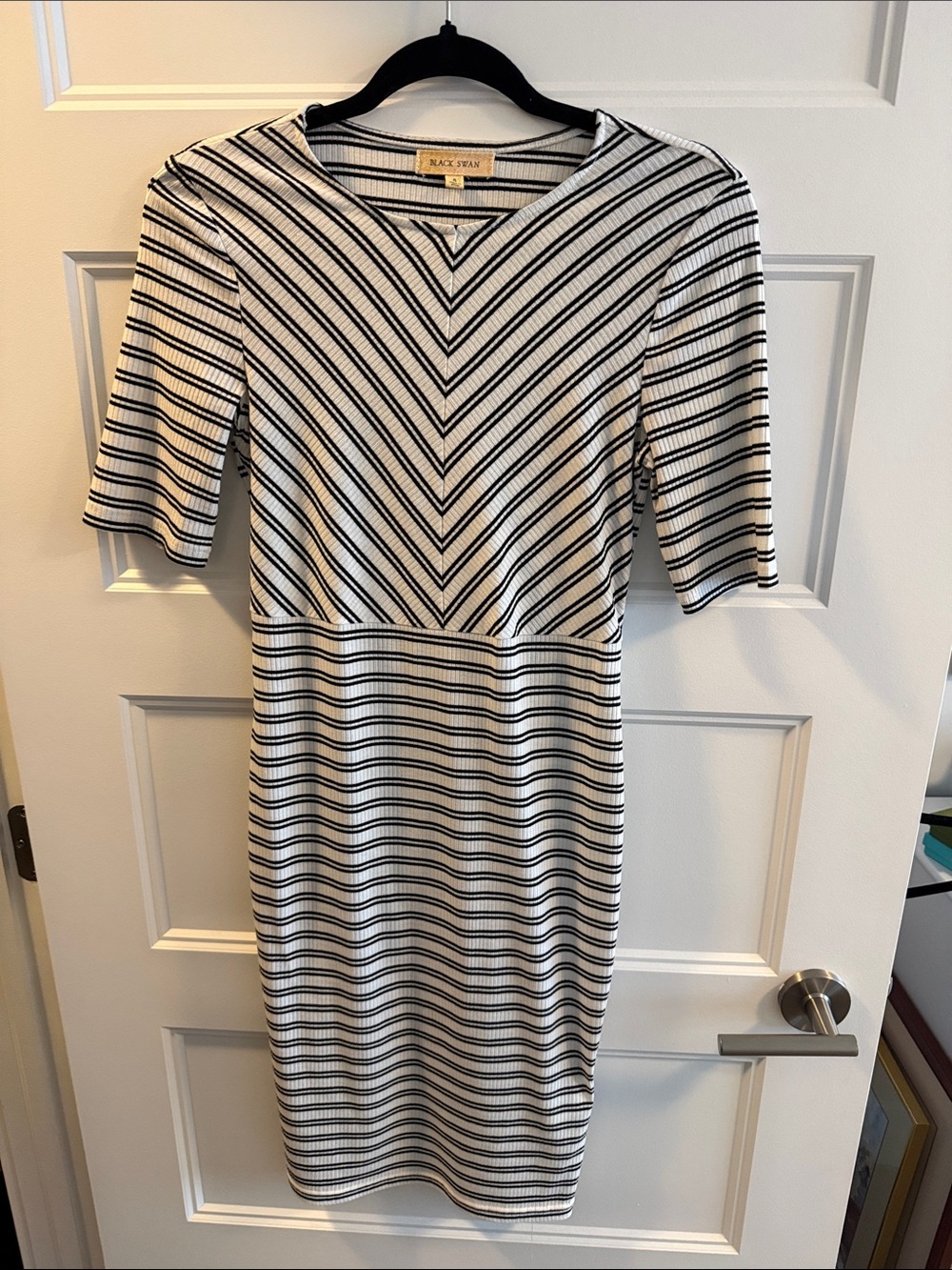 Black Swan White and Black Striped Midi Dress